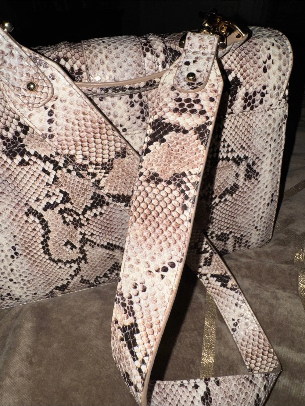 Brahmin Pink and Black Snake-Embossed Satchel with Gold Hardware